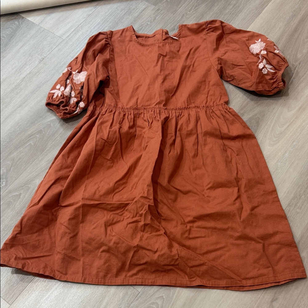 Rust Orange Kids Dress with Floral Embroidery